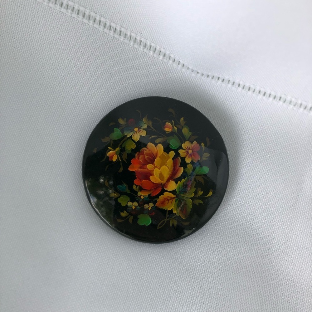 Vtg Black Floral Hand Painted Brooch